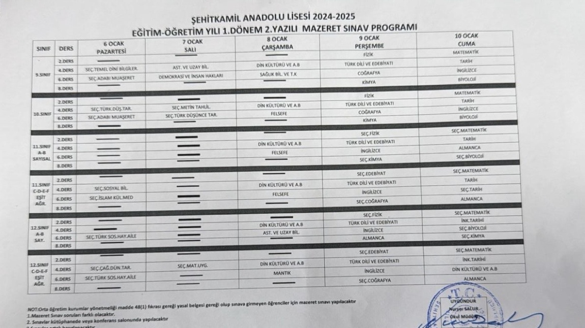 2024-2025 EĞİTİM ÖĞRETİM YILI 1.DÖNEM 2.YAZILI MAZERET SINAV PROGRAMI